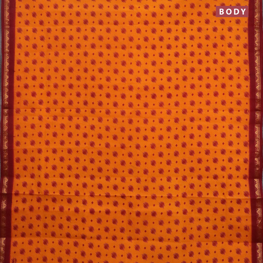 Sungudi cotton saree mango yellow and maroon with allover prints and temple design zari woven border without blouse