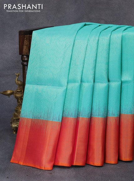 Pure soft silk saree teal green and dual shade of pinkish orange with allover silver zari woven broacde weaves and zari woven border