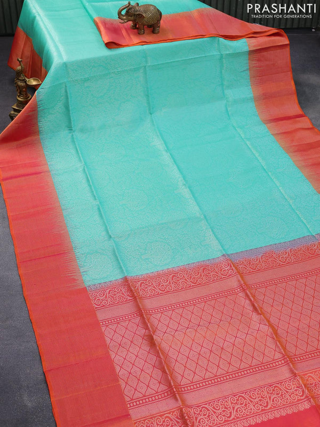 Pure soft silk saree teal green and dual shade of pinkish orange with allover silver zari woven broacde weaves and zari woven border