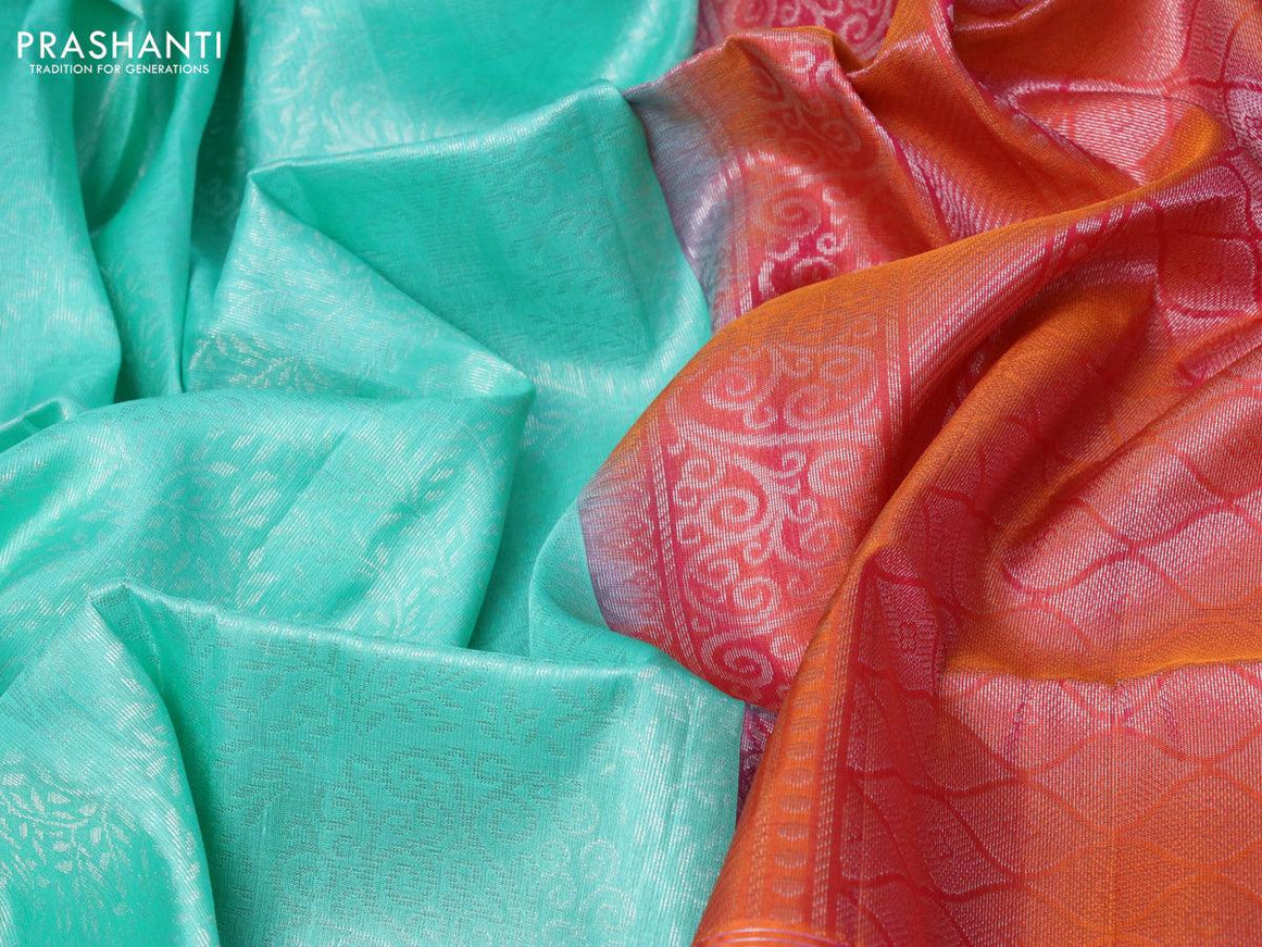 Pure soft silk saree teal green and dual shade of pinkish orange with allover silver zari woven broacde weaves and zari woven border