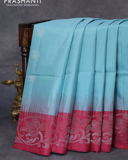 Pure soft silk saree pastel blue and maroon with silver zari woven buttas and silver zari woven border