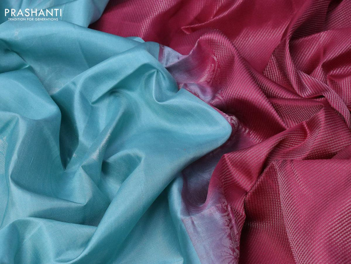 Pure soft silk saree pastel blue and maroon with silver zari woven buttas and silver zari woven border