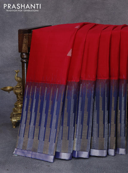 Pure soft silk saree red and dark blue with zari woven buttas and temple design long zari woven border