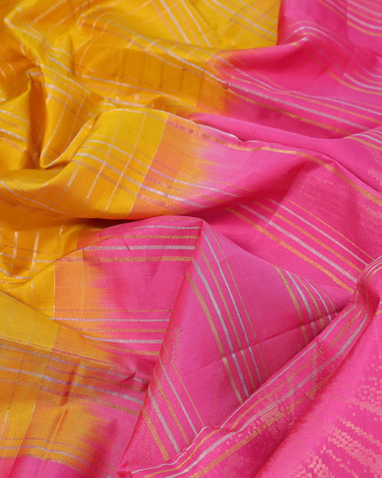 Pure soft silk saree yellow and pink with allover zari woven geometric weaves and simple border