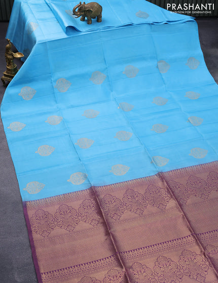 Pure soft silk saree light blue and pastel purple with zari woven buttas in boderless style