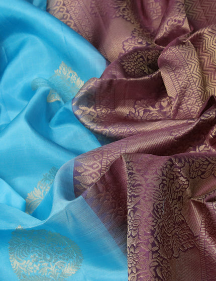 Pure soft silk saree light blue and pastel purple with zari woven buttas in boderless style