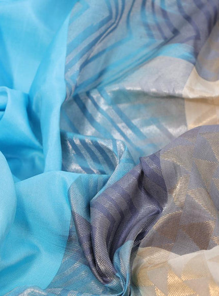 Pure soft silk saree light blue and multi colour with plain body and long zari woven border