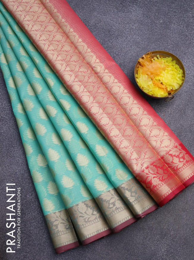 Banarasi kota saree teal blue and maroon with zari woven buttas and zari woven border