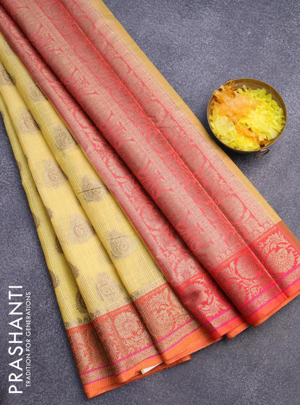 Banarasi kota saree yellow and red shade with zari woven buttas and floral zari woven border