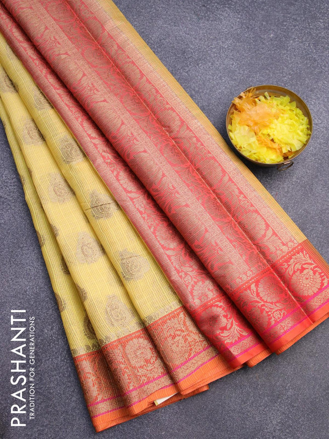 Banarasi kota saree yellow and red shade with zari woven buttas and floral zari woven border