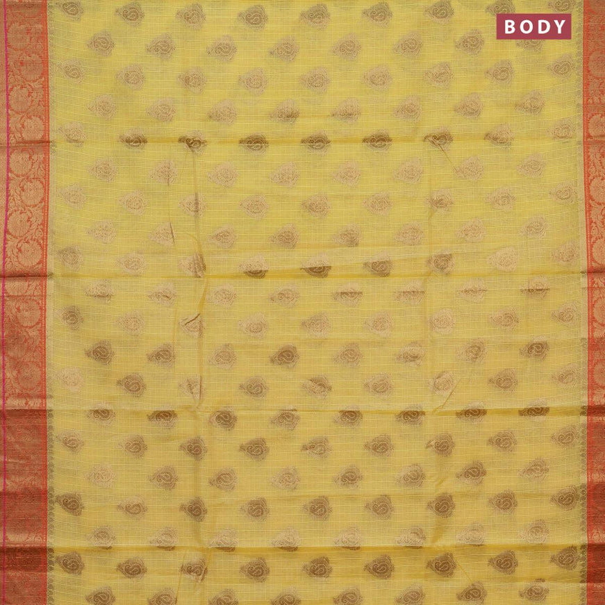 Banarasi kota saree yellow and red shade with zari woven buttas and floral zari woven border