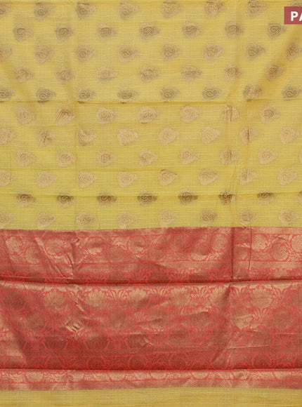 Banarasi kota saree yellow and red shade with zari woven buttas and floral zari woven border