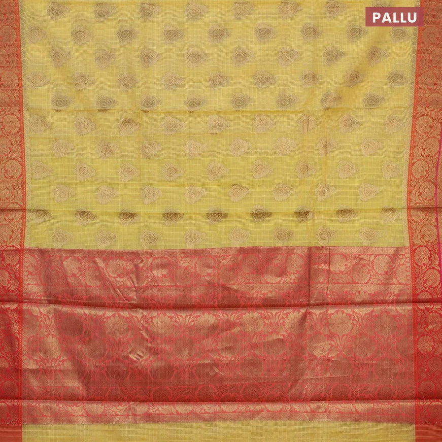 Banarasi kota saree yellow and red shade with zari woven buttas and floral zari woven border