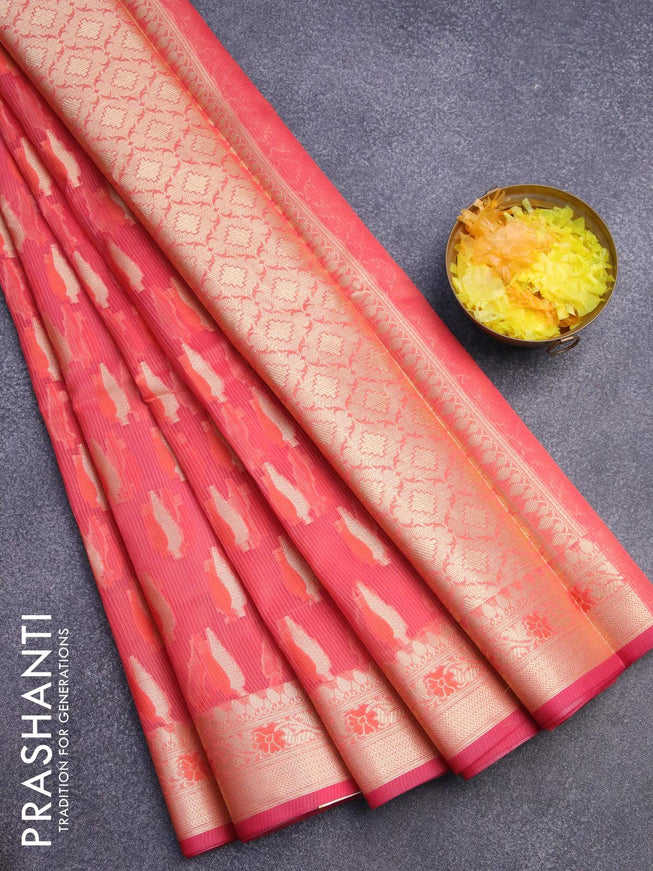 Banarasi kota saree pinkish orange and pink with thread & zari woven buttas and floral zari woven border