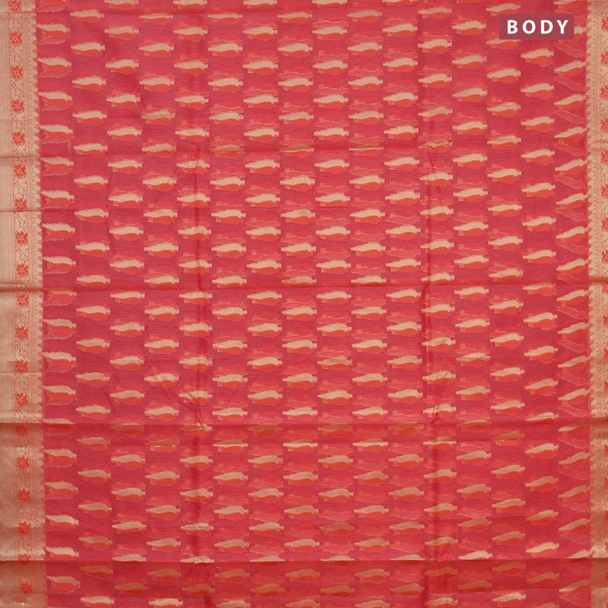 Banarasi kota saree pinkish orange and pink with thread & zari woven buttas and floral zari woven border