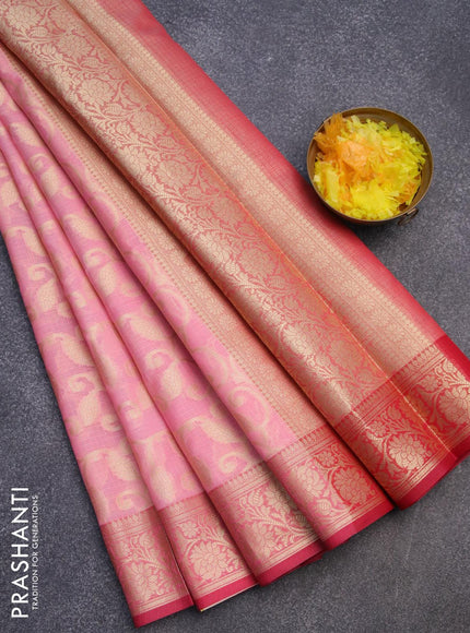 Banarasi kota saree light pink and pink with allover zari weaves and floral zari woven border