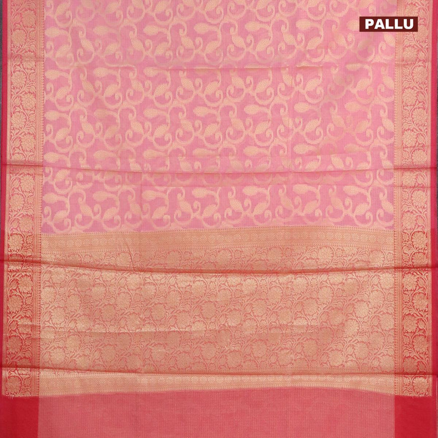 Banarasi kota saree light pink and pink with allover zari weaves and floral zari woven border