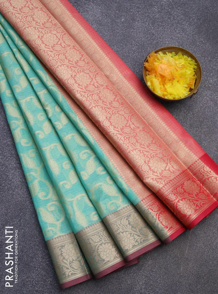 Banarasi kota saree teal blue and pink with allover zari weaves and floral zari woven border