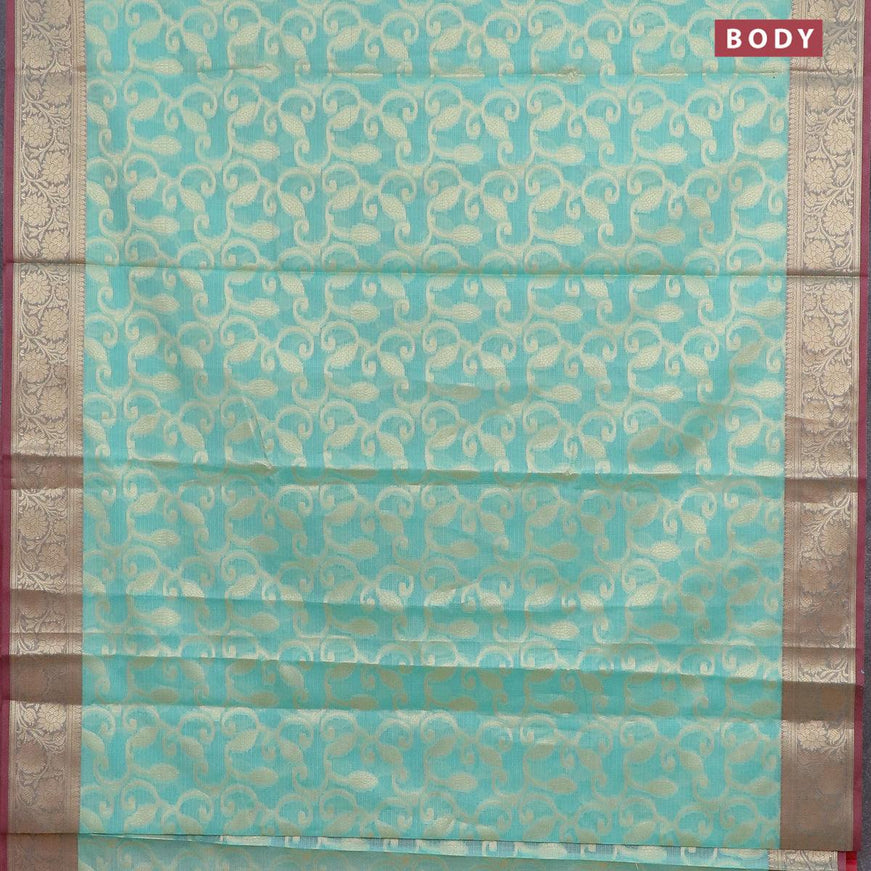 Banarasi kota saree teal blue and pink with allover zari weaves and floral zari woven border