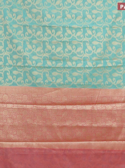 Banarasi kota saree teal blue and pink with allover zari weaves and floral zari woven border