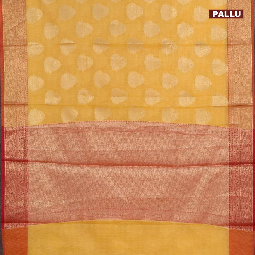 Banarasi kota saree mango yellow and red with zari woven buttas and zari woven border