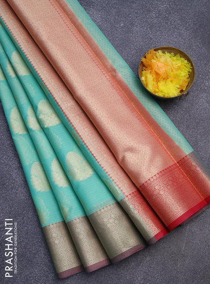 Banarasi kota saree teal blue and red with zari woven buttas and zari woven border