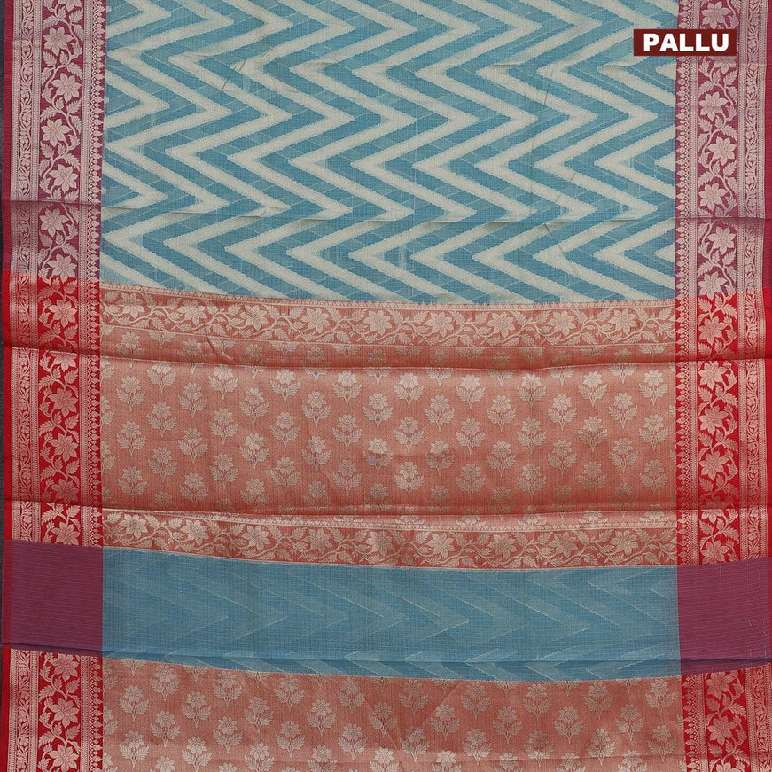 Banarasi kota saree teal blue and red with allover zari woven zig zag weaves and zari woven border