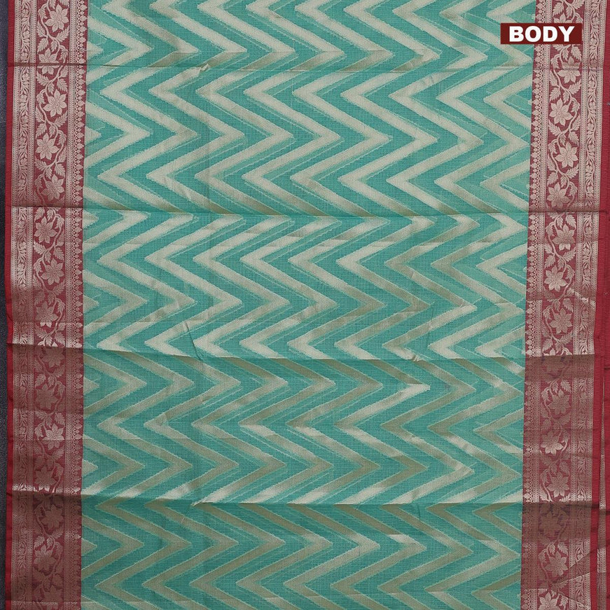 Banarasi kota saree teal green and red with allover zari woven zig zag weaves and zari woven border