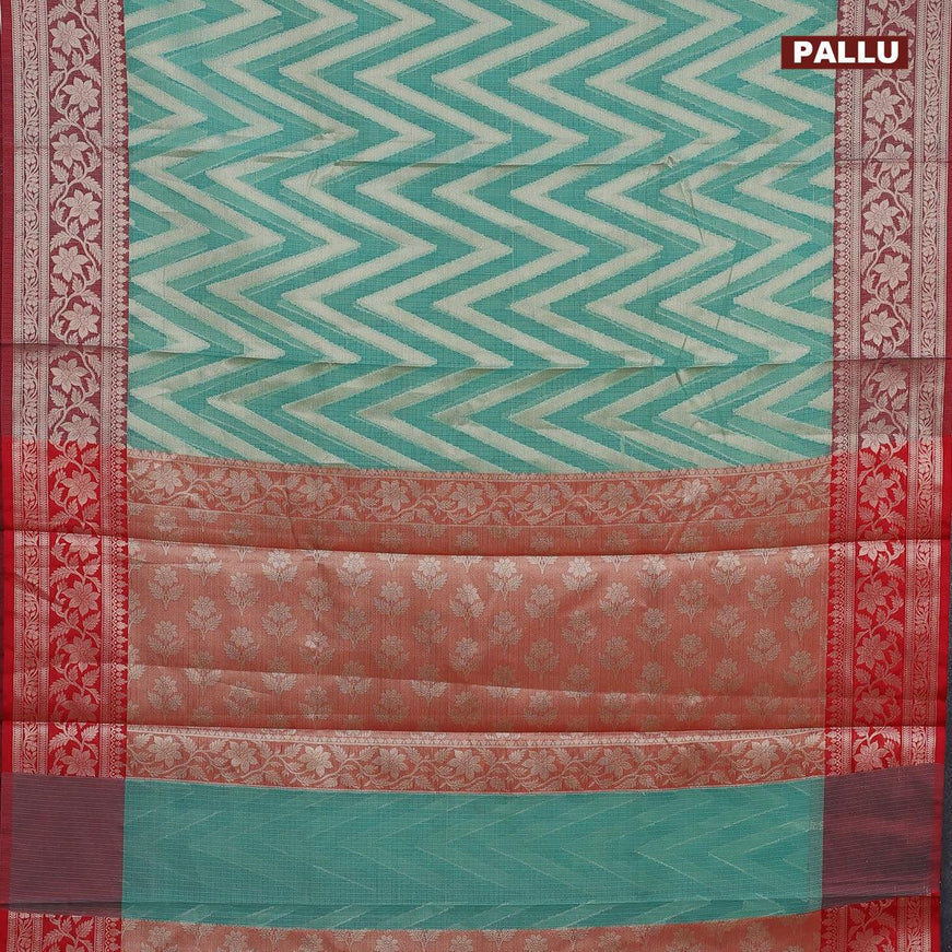 Banarasi kota saree teal green and red with allover zari woven zig zag weaves and zari woven border