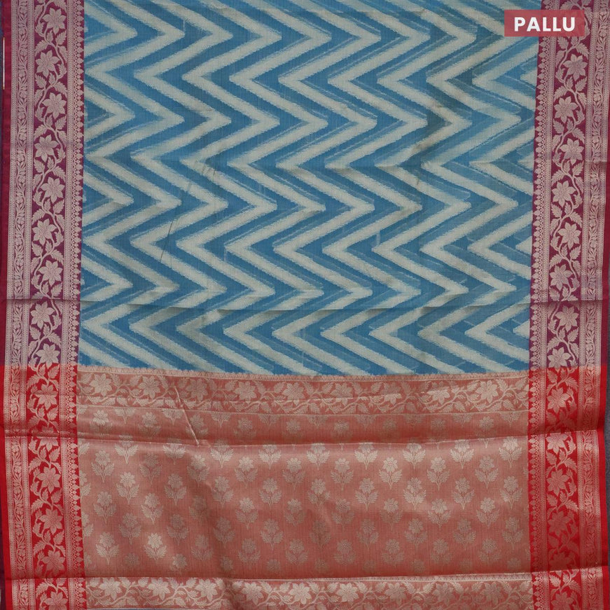 Banarasi kota saree blue shade and red with allover zari woven zig zag weaves and zari woven border