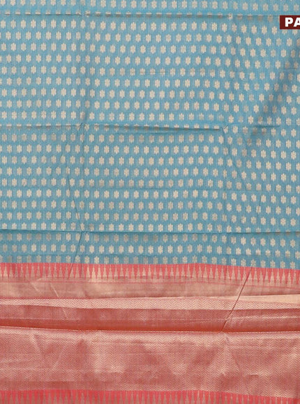 Banarasi kota saree teal blue and maroon with allover zari woven floral buttas and temple design zari woven border