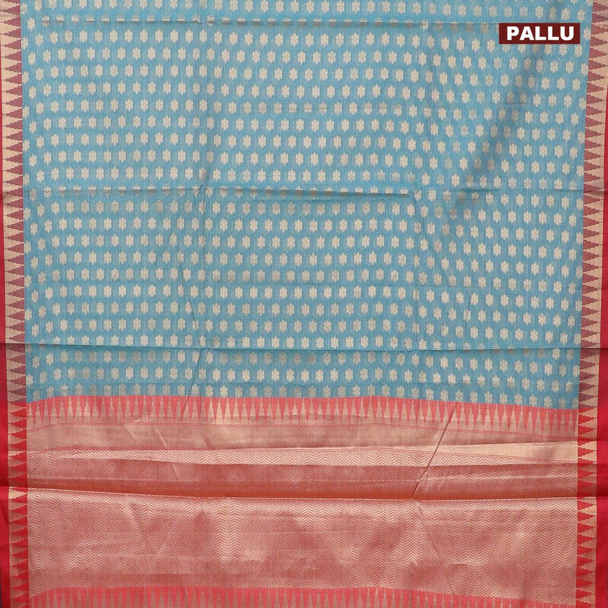 Banarasi kota saree teal blue and maroon with allover zari woven floral buttas and temple design zari woven border