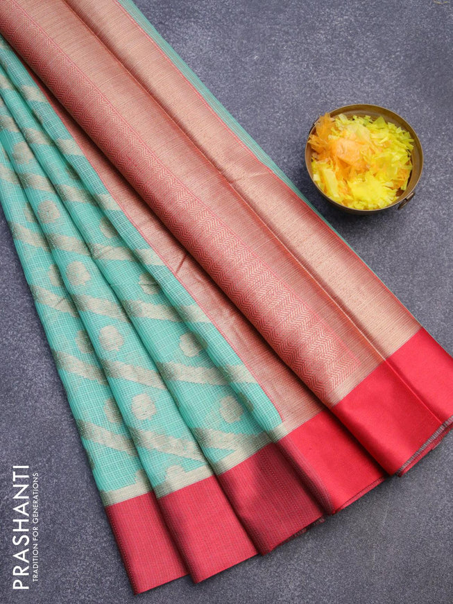 Banarasi kota saree teal green and maroon with allover zari weaves & buttas and zari woven simple border