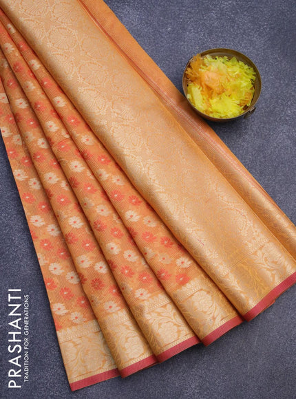 Banarasi kota saree mustard yellow and pink with allover thread & zari woven floral butta wevaes and zari woven floral border