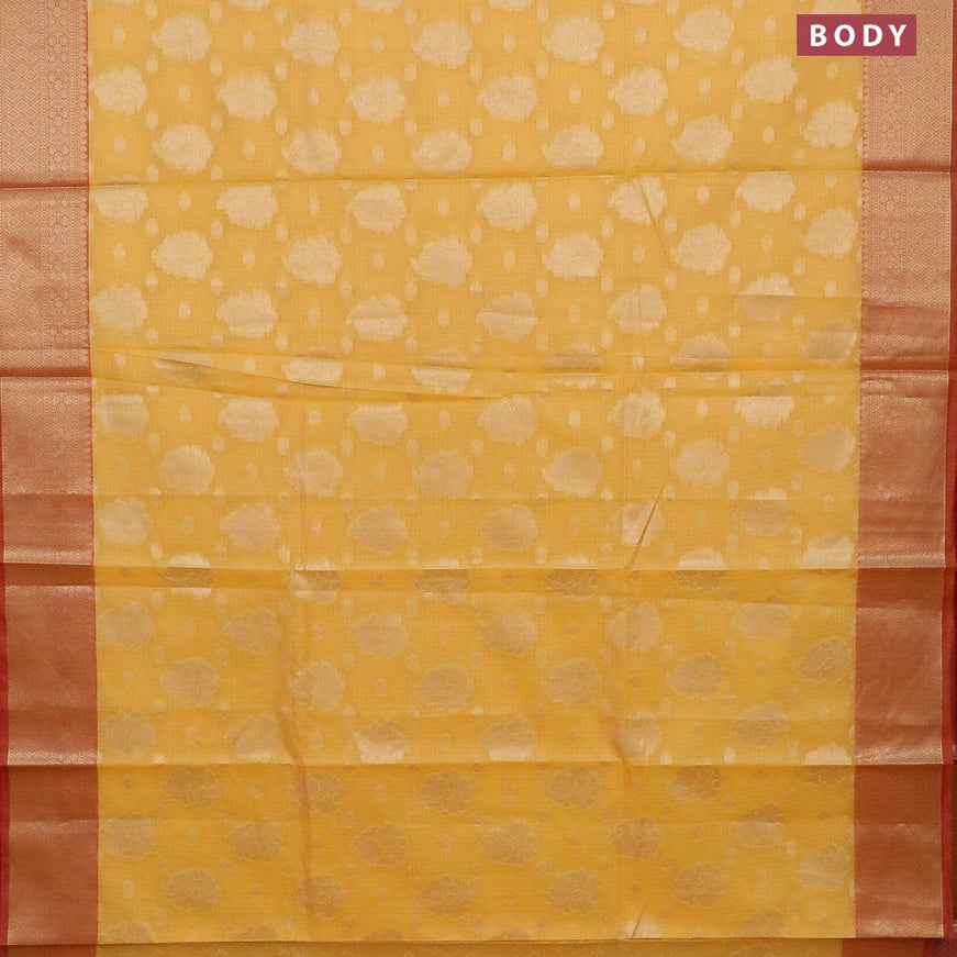 Banarasi kota saree yellow and pink with zari woven floral buttas and zari woven border