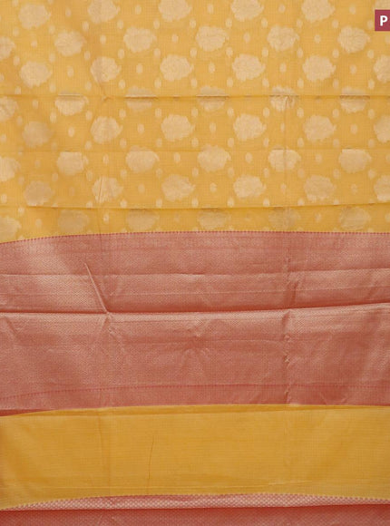 Banarasi kota saree yellow and pink with zari woven floral buttas and zari woven border