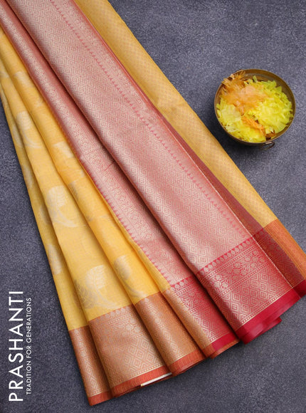 Banarasi kota saree mango yellow and pink with zari woven leaf buttas and zari woven border