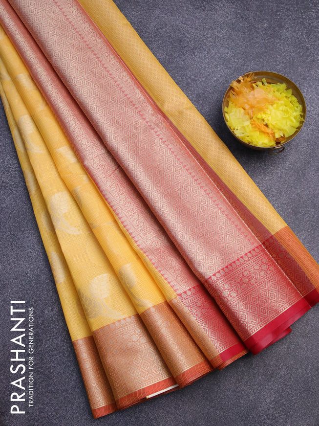 Banarasi kota saree mango yellow and pink with zari woven leaf buttas and zari woven border