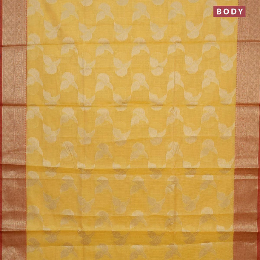 Banarasi kota saree mango yellow and pink with zari woven leaf buttas and zari woven border