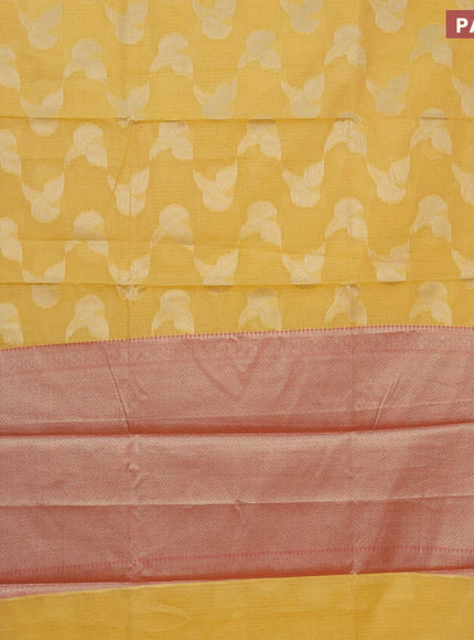 Banarasi kota saree mango yellow and pink with zari woven leaf buttas and zari woven border