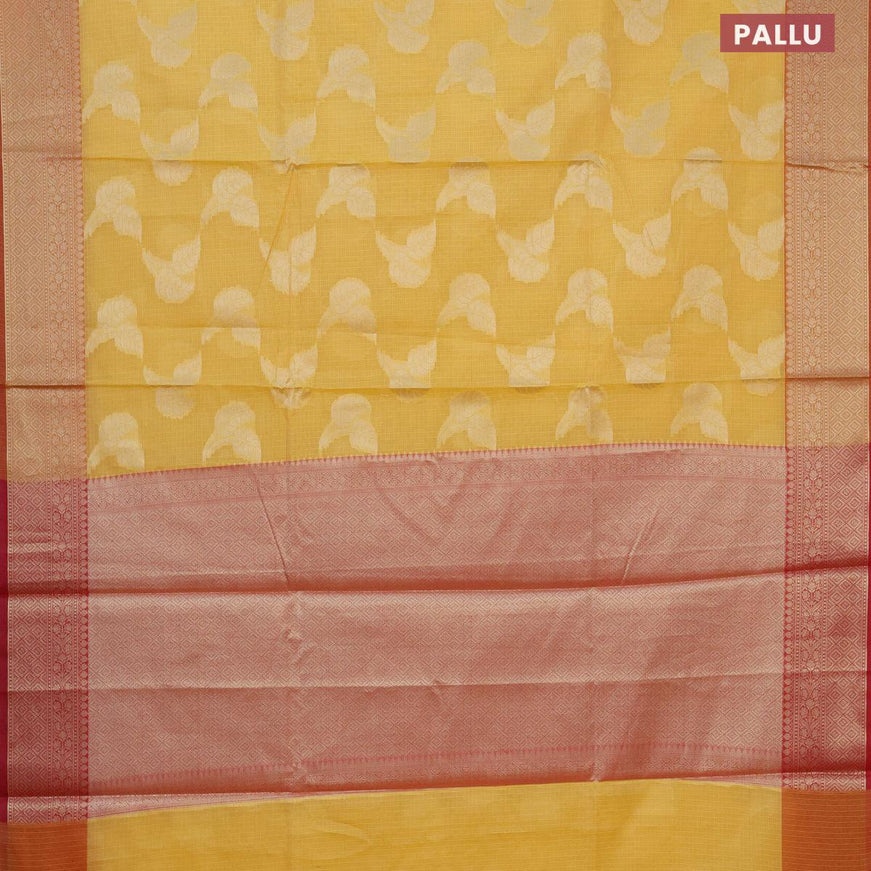 Banarasi kota saree mango yellow and pink with zari woven leaf buttas and zari woven border