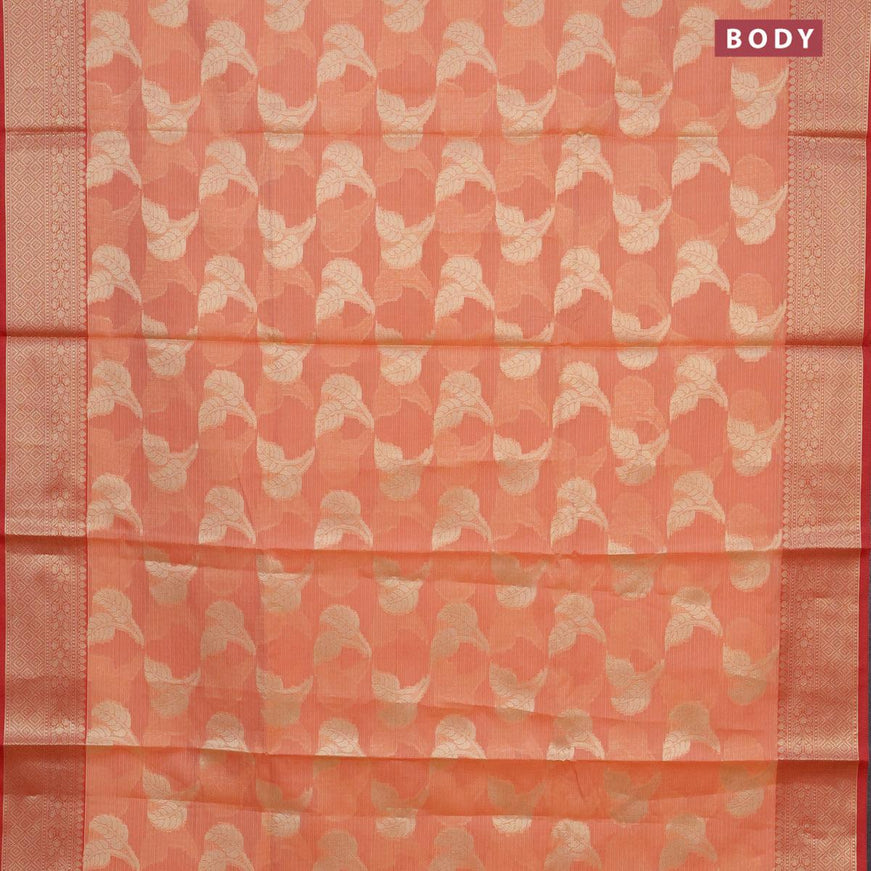 Banarasi kota saree peach orange and red shade with zari woven leaf buttas and zari woven border