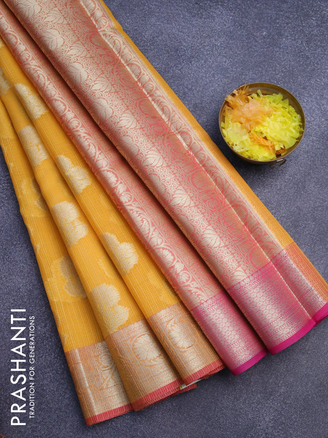 Banarasi kota saree mango yellow and pink with zari woven floral buttas and zari woven floral border