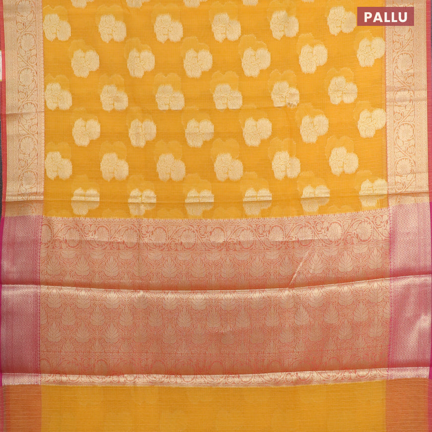 Banarasi kota saree mango yellow and pink with zari woven floral buttas and zari woven floral border