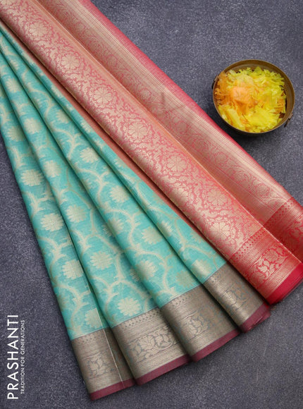 Banarasi kota saree teal blue and maroon with allover zari woven floral weaves and zari woven border