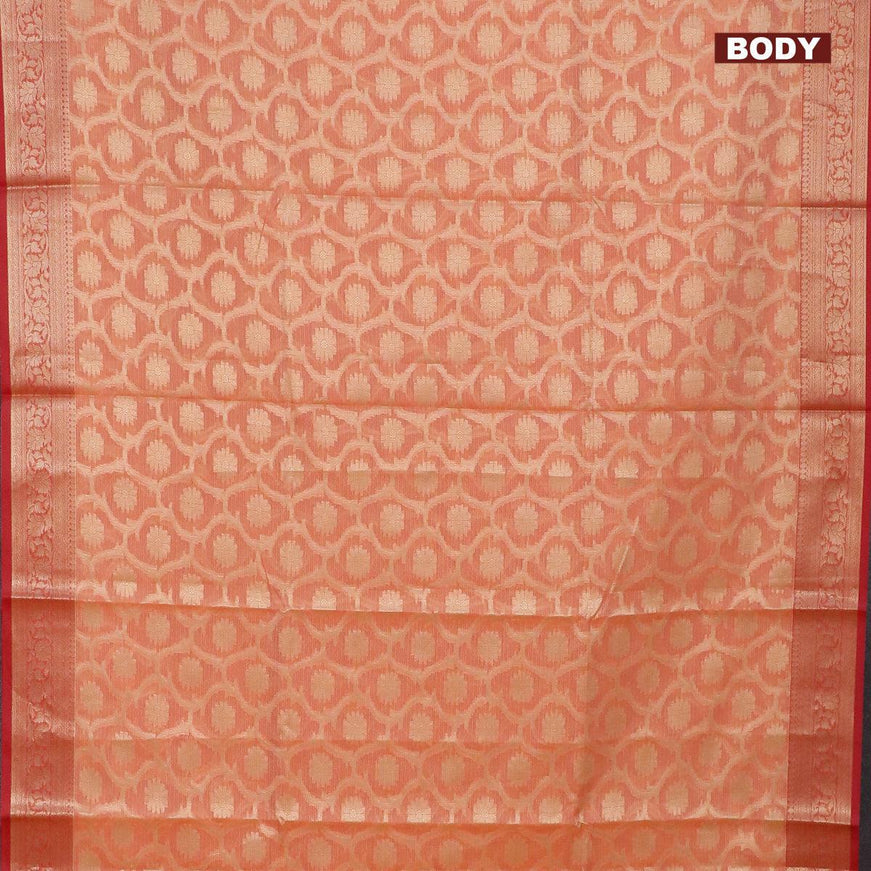 Banarasi kota saree peach orange and red with allover zari woven floral weaves and zari woven border