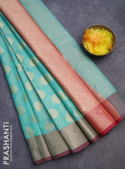 Banarasi kota saree teal blue and maroon with zari woven buttas and zari woven border