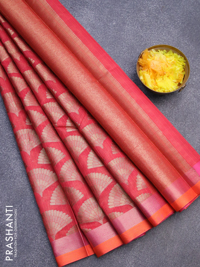 Banarasi kota saree maroon and orange with zari woven buttas and zari woven simple border