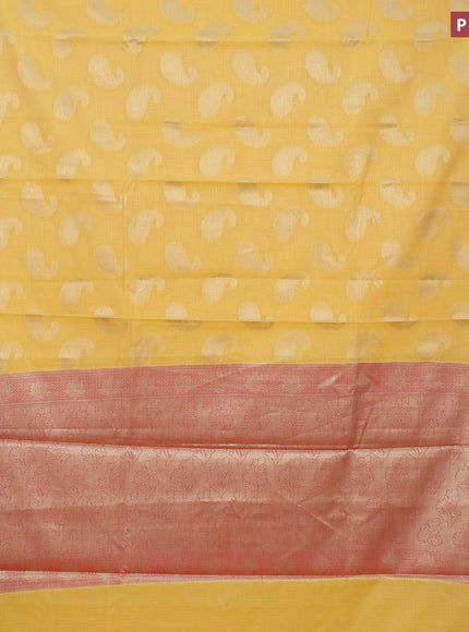 Banarasi kota saree yellow and pink with paisley zari woven buttas and floral zari woven border