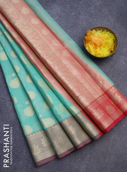 Banarasi kota saree teal blue and maroon with paisley zari woven buttas and floral zari woven border